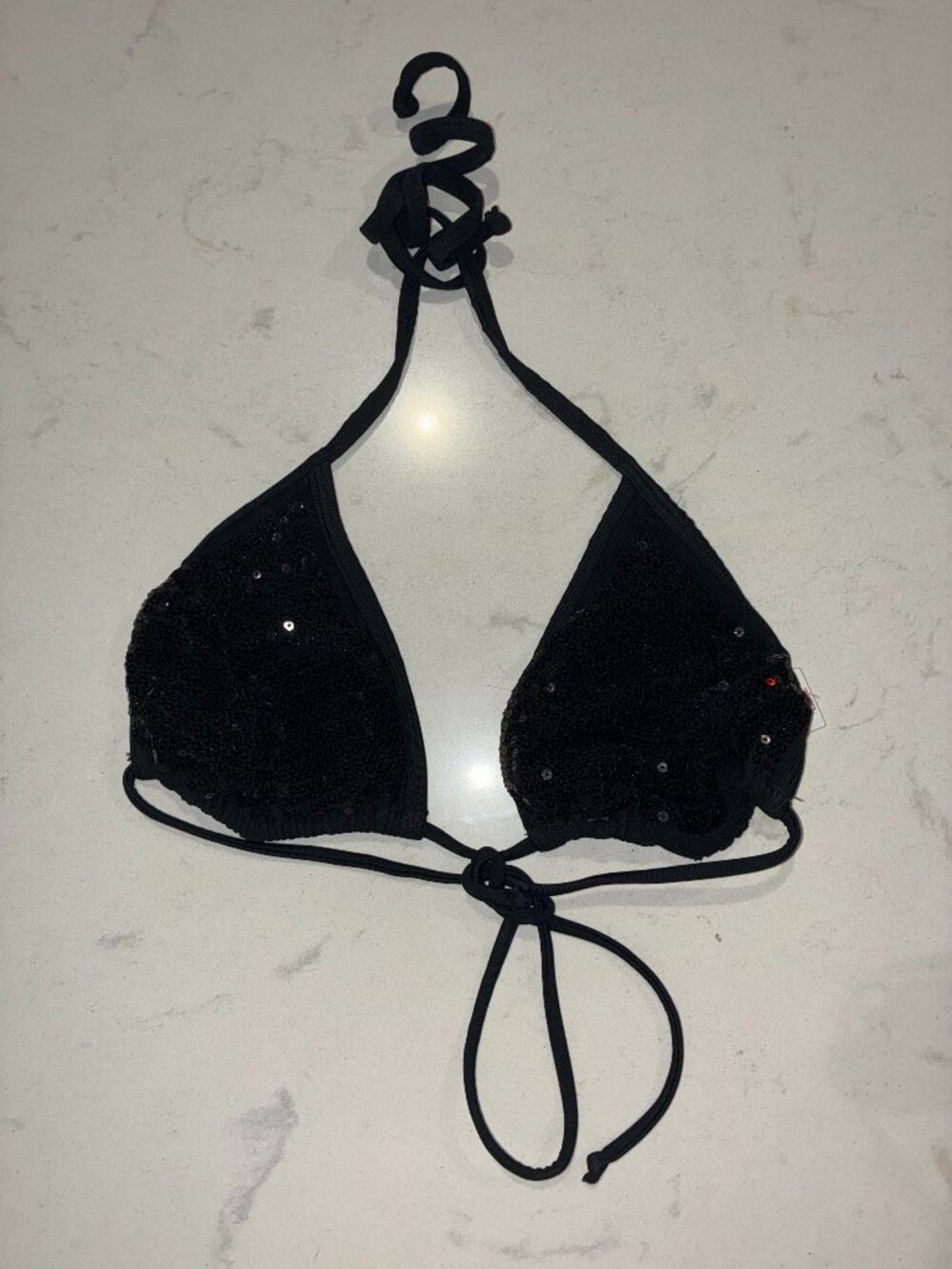 Xhilaration Women’s Large Black Sequin Triangle Bikini Top Tie Halter Y2K